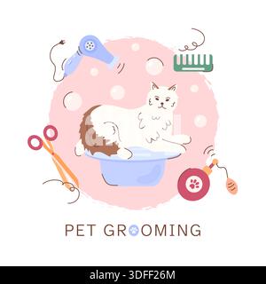 Haustierpflegekonzept mit einer niedlichen Zeichentrickkatze auf einem Laufsteg. Design für einen Katzenpflegesalon für Haarschnitte, Bäder, Frisuren. Professionelle Werkzeuge wie eine Schere, ein Haarfön, ein Kamm für ein Banner zur Katzenpflege. Stock Vektor