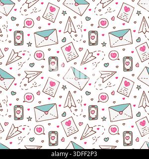 Nahtloses Muster mit Liebesbriefen, Papierflugzeugen, Telefonnachrichten und Herzen. Vektor-Hintergrund im Stil von Scribbles aus romantischen Valentinstag Nachrichten und Briefpapier Stock Vektor
