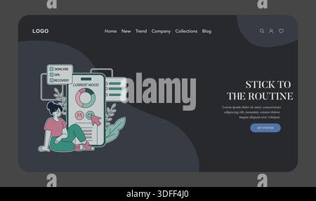 Vektorillustration einer Frau, die mit einer App-Schnittstelle für Wellness- und Stimmungsnachverfolgung auf einer Website interagiert. Die App enthält Abschnitte für Hautpflege, Spa und Erholungsmanagement. Stock Vektor