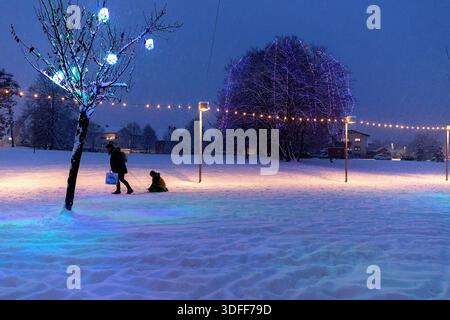 Domzale Stadt bei starkem Schneefall mit wunderschönen weihnachtsdekorationen, weihnachtsbeleuchtung an Bäumen, im Park, weihnachtsbaum, Mutter zieht den Schlitten Stockfoto