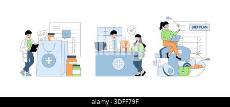 Ein Apotheker hilft einem Kunden am Tresen mit gesundheitsbezogenen Produkten. Eine andere Szene zeigt einen Ernährungsberater, der eine Diät mit einem Laptop neben gesunden Lebensmitteln plant. Diese Vektor-Illustration erfasst Gesundheitsberufe, die aktiv in ihren Rollen engagiert sind. Stock Vektor