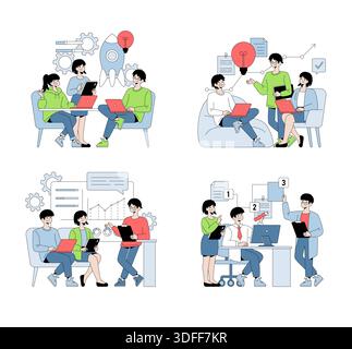 Vektor-Illustration verschiedener Teams, die an Projekten zusammenarbeiten, Ideen diskutieren und Strategien in einem modernen Büroumfeld entwickeln. Menschen verwenden Laptops, Tablets und Whiteboards. Stock Vektor