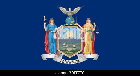 Offizielle Staatsflagge von New York. Teil der Vereinigten Staaten von Amerika. Sauberes Design für Druck-, Web- oder Bildungszwecke. Vektorabbildung. Stock Vektor