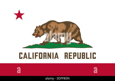 Offizielle Staatsflagge von Kalifornien. Teil der Vereinigten Staaten von Amerika. Sauberes Design für Druck-, Web- oder Bildungszwecke. Vektorabbildung. Stock Vektor