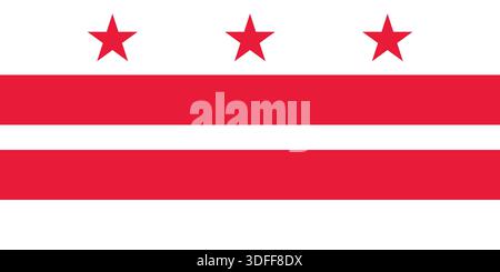 Die Flagge des District of Columbia zeigt drei rote Sterne über zwei horizontalen roten Streifen auf weißem Hintergrund. Diese Flagge repräsentiert Washington, D.C., die Hauptstadt der Vereinigten Staaten Stock Vektor