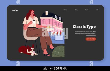 Design-Konzept der Webseite, in dem eine entspannte Frau Kaffee mit ihrem Corgi genießt, in einem klassischen Ambiente. Ideal für schicke Lifestyle-Themen. Stock Vektor