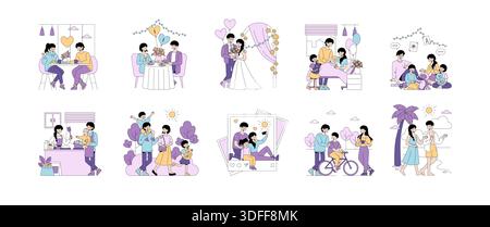 Vektor-Illustrationsset, das verschiedene Lebensmomente darstellt. Zu den Szenen gehören romantische Abendessen, Hochzeiten, Familienaktivitäten, Neuankömmlinge und Strandspaziergänge. Gefühle der Liebe und des Glücks werden erfasst. Stock Vektor