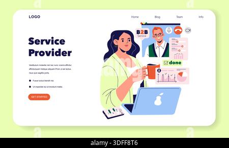 Vektorillustration, die eine Frau mit einem Laptop und einer Tasse in der Hand zeigt, die bei einem virtuellen Anruf mit einem B2B-Dienst interagiert. Hintergrund enthält Diagramme und einen männlichen Kollegen in einer Videokonferenz. Stock Vektor