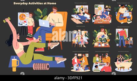 Buntes Vektor-Illustrationsset, das verschiedene Alltagsaktivitäten zu Hause zeigt, wie Sport, Malen und Entspannen in der Badewanne. Spannende Szenen betonen Alltagsroutinen, Hobbys und Familienmomente im häuslichen Leben. Stock Vektor
