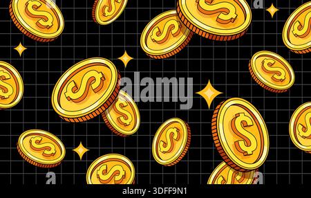 2K-Münzen. Fallender Dollar Gold Münze Raster Hintergrund fliegendes Geld Geld Bargeld Regen Retro Videospiel Bonus Krypto Investment Konzept goldene Token Casino Gewinn Jackpot ordentliche Vektor Illustration Original Artwork Stock Vektor