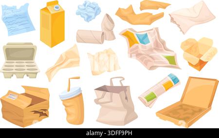 Papierabfall. Recyceln Sie Müll, sortierte Müllkartons zerknitterte Papiere zerquetschen Kaffeetassen Zeitung Notizbuch Recycling Papierkorb Post Entsorgung Müll, saubere Vektor Illustration Original Artwork Stock Vektor