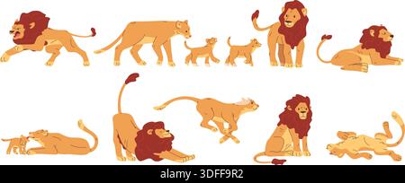 Löwenlöwen Tiere. Löwen Stolz, weiblich mit Baby Jungtier afrikanische Savanne wildes Tier Katze Familie Dschungel Raubtiere laufen liegend brüllende Posen, Cartoon Zoo Set klassische Vektor Illustration Original Kunstwerk Stock Vektor