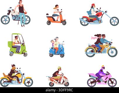 Menschen fahren Motorrad. Zeichentrickfilm Motorradfiguren, Familie auf Roller Elektrofahrrad Motorrad Lieferung Transport Moto Fahrer Reise Motorrad, klassische Vektor Illustration Original Artwork Stock Vektor