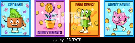 Poster mit Vintage-Geld. Cartoon Finanzen Maskottchen, Geldbörse Dollar Geld Geld Geld Münzen Alphabetisierung Konzept y2k Retro Karten groovy lustige Zeichen Kritzele Aufkleber, saubere Vektor Illustration Original Artwork Stock Vektor