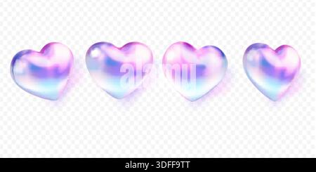 Holographische Ballonherzen. 3D Hologramm Herz, realistische aufgeblähte Liebe Symbol y2k Glas Neon Form wie Icon Geburtstag Party valentinstag Geschenk Holo Figur genaue Vektor Illustration Original Artwork Stock Vektor