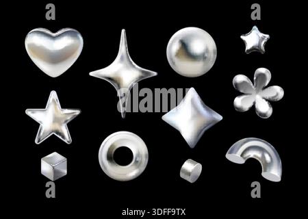 Verchromte Zahlen. 3D Silber Luftblasen Formen y2k Design Platin Metall flüssige Glitzer Effekt Hochglanzkugel Stern Herz Pfeil abstraktes Element realistische exakte Vektor Illustration Original Kunstwerk Stock Vektor