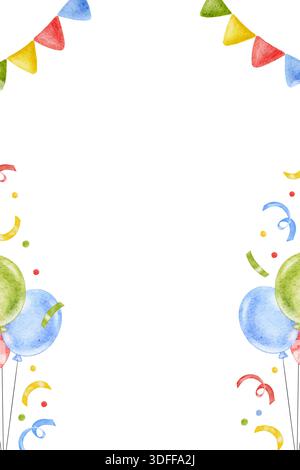 Vertikaler GeburtstagsAquarellrahmen, Vorlage für Grußkarte, bunte Ballons in Grün, Rot und Blau, Girlande und Konfetti. Handgezeichnet niedlich Stockfoto