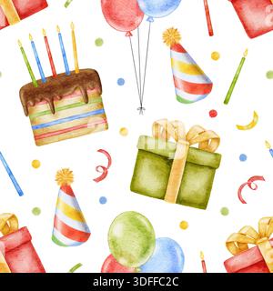 Nahtloses Geburtstagsmuster in Aquarellfarben mit mehrfarbigen Geschenkkartons, Regenbogenkuchen, Partyhüten, roten, grünen und gelben Ballons und Konfetti. Perfekt für Stockfoto