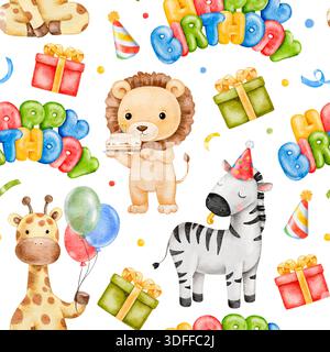 Nahtloses Aquarellmuster mit Happy Birthday, Geschenkboxen, feierlichen Tieren, Partyhüten, roten, grünen und gelben Ballons und Konfetti. Zum Geburtstag Stockfoto