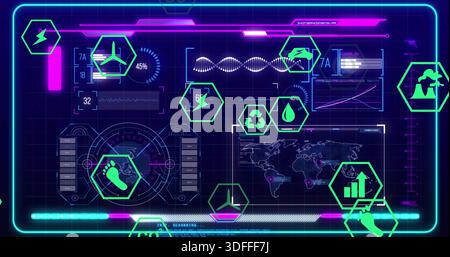 Anzeigen von HUD-Streaming-Umgebungsdaten auf virtueller Konsole mit Neon-Hexadezimalsymbolen, Radar und Diagrammen Stockfoto