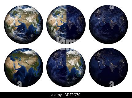 Erstaunlicher Planet Erde isoliert auf weißem Hintergrund. Europa, Asien und Afrika. Erde bei Nacht und Tag. Equinox. Elemente dieses Bildes, bereitgestellt von der NASA. Stockfoto
