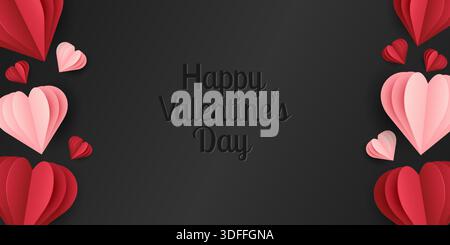 Valentinstag-Banner mit schwarzem Hintergrund und roten Herzen. Grußkarte. Vektor Stock Vektor