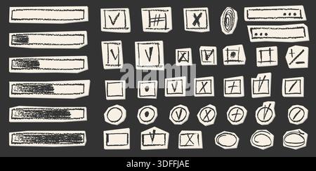 Kritzeln Sie Symbole mit Bleistift gezeichnete Kreuze und Kreise. Checkboxen im Holzkohlestil, Schilder und Kreidezeichnungen für Designprojekte Stock Vektor