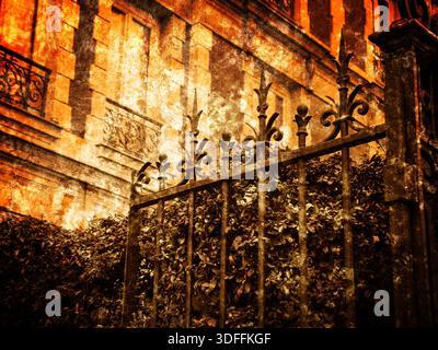 Typisches Pariser Gebäude mit Schmiedetor und farbenfrohen feuerdornbüschen. Herbst in Paris. Retro-Foto mit Kratzern. Ocker getönt. Stockfoto