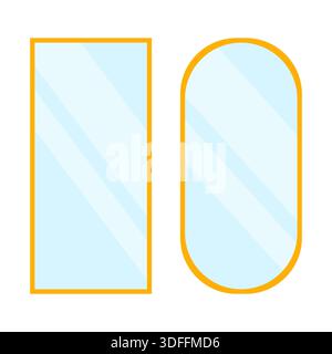 Symmetrische Spiegel aus Glas. Spektakulärer Reflexionsvektor. Prächtiges Metallgestell. Aussergewöhnliche häusliche Ornamentik. Stock Vektor