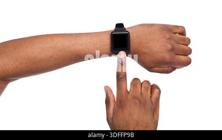 Modell der Hand, die eine intelligente Uhr trägt, Ausschnitt Stockfoto
