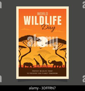 Poster zum Welttag der Wildtiere mit afrikanischen Safaritieren Silhouetten von Elefantengiraffen und Nashörnern bei Sonnenuntergang. Stock Vektor