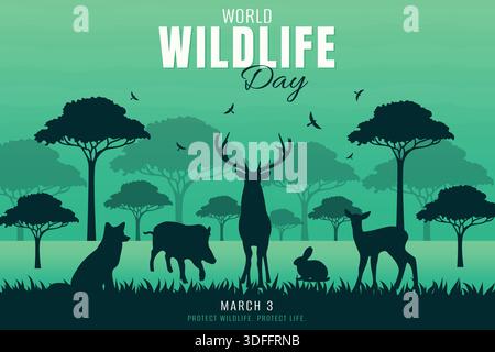 Banner zum Welttag der Wildtiere mit Silhouetten von Wildtieren, Hirsch, Fuchs, Schwein und Vögeln in der Waldlandschaft. Stock Vektor