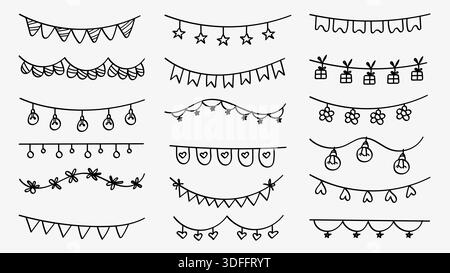Sammlung von verschiedenen handgezeichneten Kritzelteilern und Fahnen mit Sternen, Herzen und Partyleuchten im schwarz-weißen Sketchstil. Stock Vektor