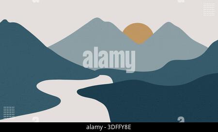 Berge Landschaft und Sonnenaufgang mit River Flat Grunge Textur handgezeichnet. Vektorabbildung Stock Vektor
