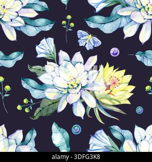 Elegantes Blumenmuster in Aquarellfarben mit Mondblumen, zartem Laub und weichen, traumhaften Details. Perfekt für den Einsatz in Stoffen und Tapeten Stockfoto