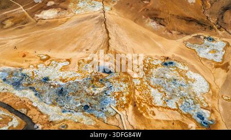 Aus der Vogelperspektive von Hverir Namaskard nahe dem Myvatn-See in Island zeigt Rost orange Erde, eine zentrale Spalte, weiße Mineralkrusten, blaue Schlammtöpfe und Dampfbad Stockfoto