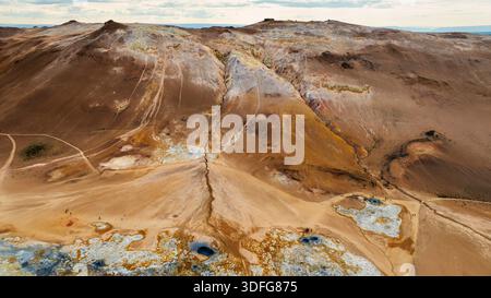 Luftaufnahme von Hverir Namaskard in der Nähe des Lake Myvatn im Norden Islands. Schwefelhügel, Dampfauslässe, Schlammtöpfe, eine zentrale Spalte und winzige Figuren Stockfoto