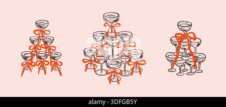 Champagner-Glasturm mit rosafarbener Schleife. Hand gezeichnet skurrile Cocktailpyramide für Hochzeitseinladung, Geburtstag, Weihnachten, Junggesellinnenabschied p Stock Vektor