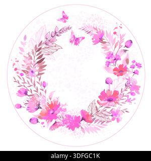 Runder Rahmen mit rosafarbenen Blumen. Handgezeichnet. Nicht AI, Vektorillustration Stock Vektor