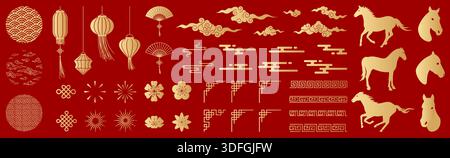 Chinesisches Neujahrsset 2026, Jahr des Pferdes Elemente, Symbole Stock Vektor