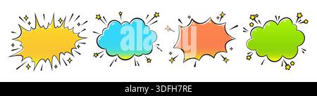 Comic-Sprechblasen-Set mit farbenfroher Pop-Art-Wolkenexplosion. Zeichentrickbeschriftung Halbton-Texturformen für Wow, Bang, Boom Text Effect, Ausdrucksmeldungen und Aufkleber. Vektorabbildung Stock Vektor