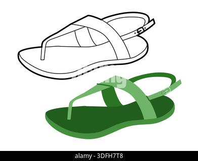 Grüner Tanga Sandalenschuh Damen flach plus Leinen Set. Flip-Flop-Sandale mit Knöchelriemen für Reise-Blog-Strandprojekte. Technische Mode Illustration CAD Modell gemischte Vektor Mann Unisex isolierte stilvolle Stil. Stock Vektor