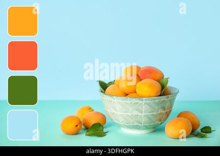 Schüssel mit Reifen Aprikosen auf blauem Hintergrund. Verschiedene Farbmuster Stockfoto