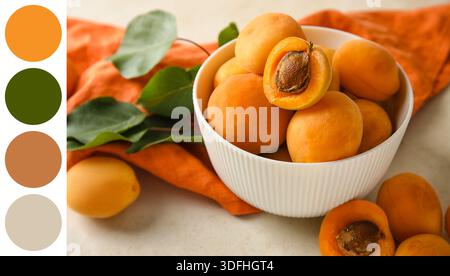 Schüssel mit leckeren Reifen Aprikosen auf hellem Hintergrund, Nahaufnahme. Verschiedene Farbmuster Stockfoto