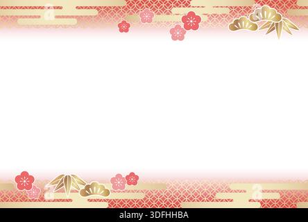 Silvesterkartenvorlage mit nahtlosen japanischen Vintage-Mustern dekoriert. Horizontal Wiederholbar. Stock Vektor
