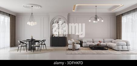 Panorama-Wohn- und Esszimmer in modernem klassischem Stil. 3D-Rendering Stockfoto