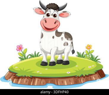 Lächelnde Karikaturkuh mit schwarzen Flecken auf einer kleinen grasbewachsenen Insel, helle Farben, weißer Hintergrund Stock Vektor