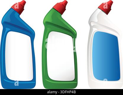 Vektorabbildung von drei farbigen Reinigungsflaschen, roten Kappen, weißen Etiketten, isoliert auf weiß Stock Vektor