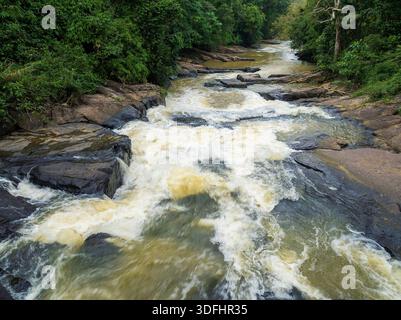 Blick aus der Vogelperspektive auf den Wild River, der durch den üppigen tropischen Regenwald fließt, Sinharaja, Sri Lanka Stockfoto