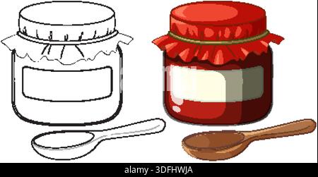 Farbige und schwarz-weiße Strichkunstversionen eines Marmeladenglases und Holzlöffels Stock Vektor